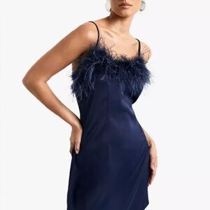 Elegant Blue Feather-Trimmed Chemise